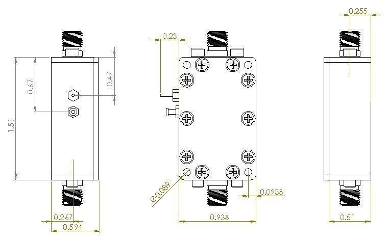 6UGD2W6S1A2 Enclosure Kit for 0.020"/0.5mm PCB (size 1.125"x0.5625") 2 SMA Active 0.58" Height
