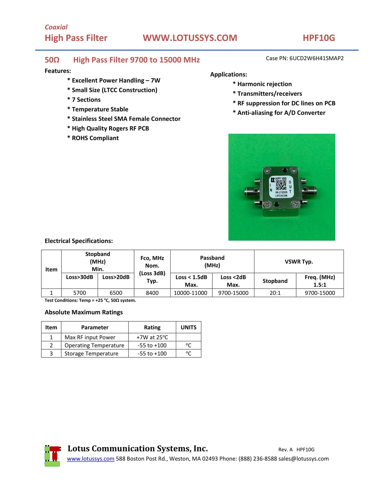 High Pass Filter (LTCC Construction) HPF10G Pass Band 9.7G - 15 GHz