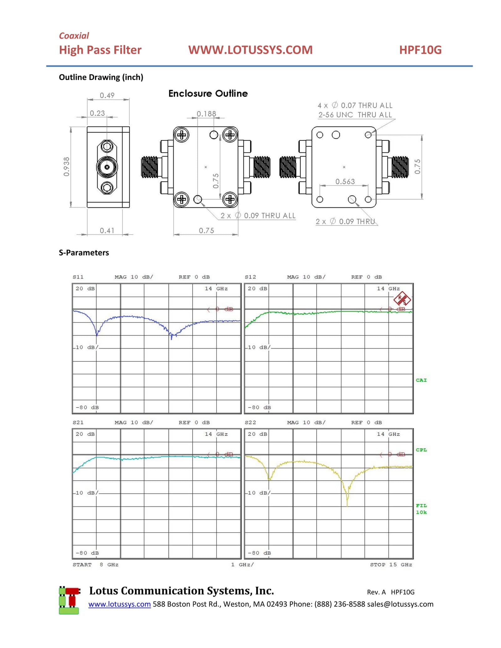 High Pass Filter (LTCC Construction) HPF10G Pass Band 9.7G - 15 GHz