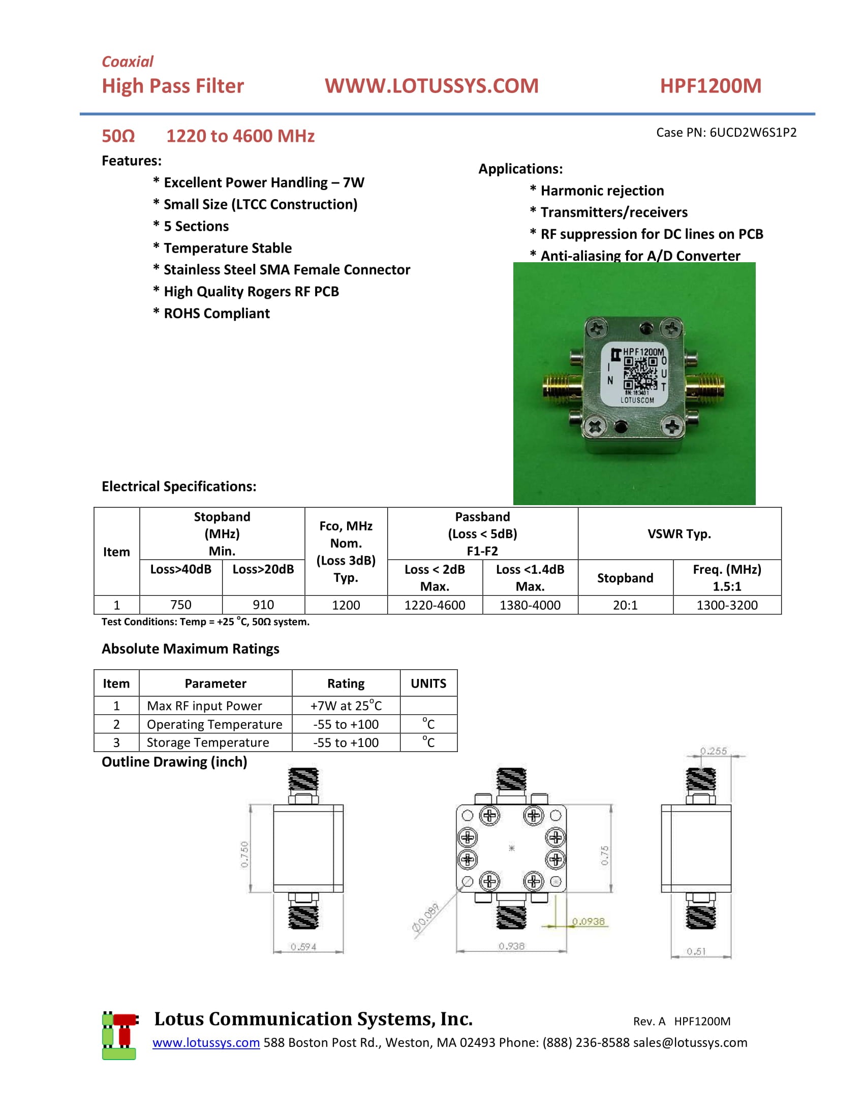High Pass Filter (LTCC Construction) HPF1200M Pass Band 1220M - 4600MHz