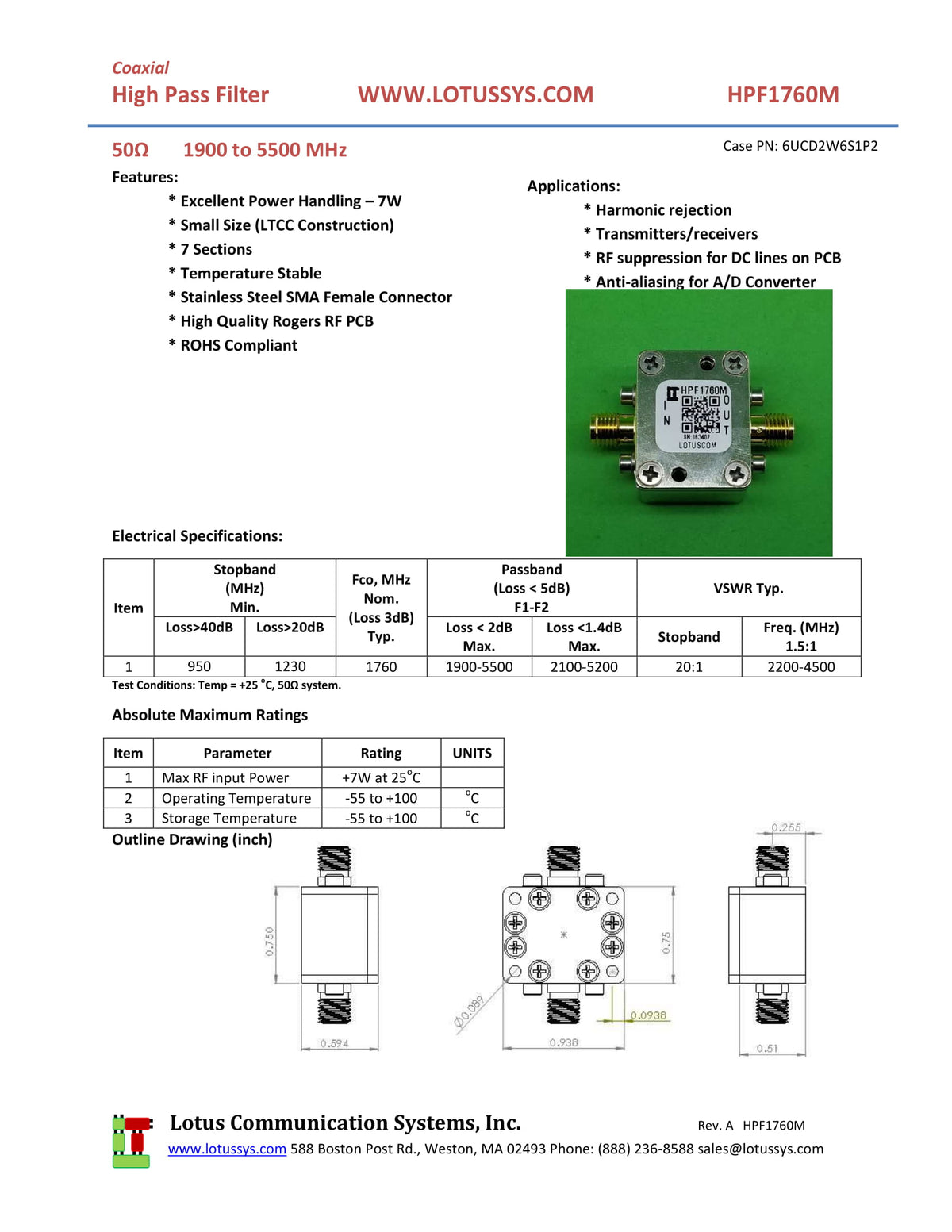 High Pass Filter (LTCC Construction) HPF1760M Pass Band 1900M - 5500MHz