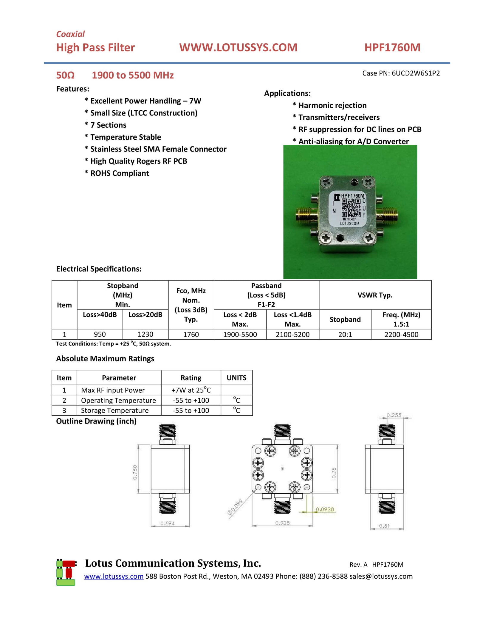 High Pass Filter (LTCC Construction) HPF1760M Pass Band 1900M - 5500MHz