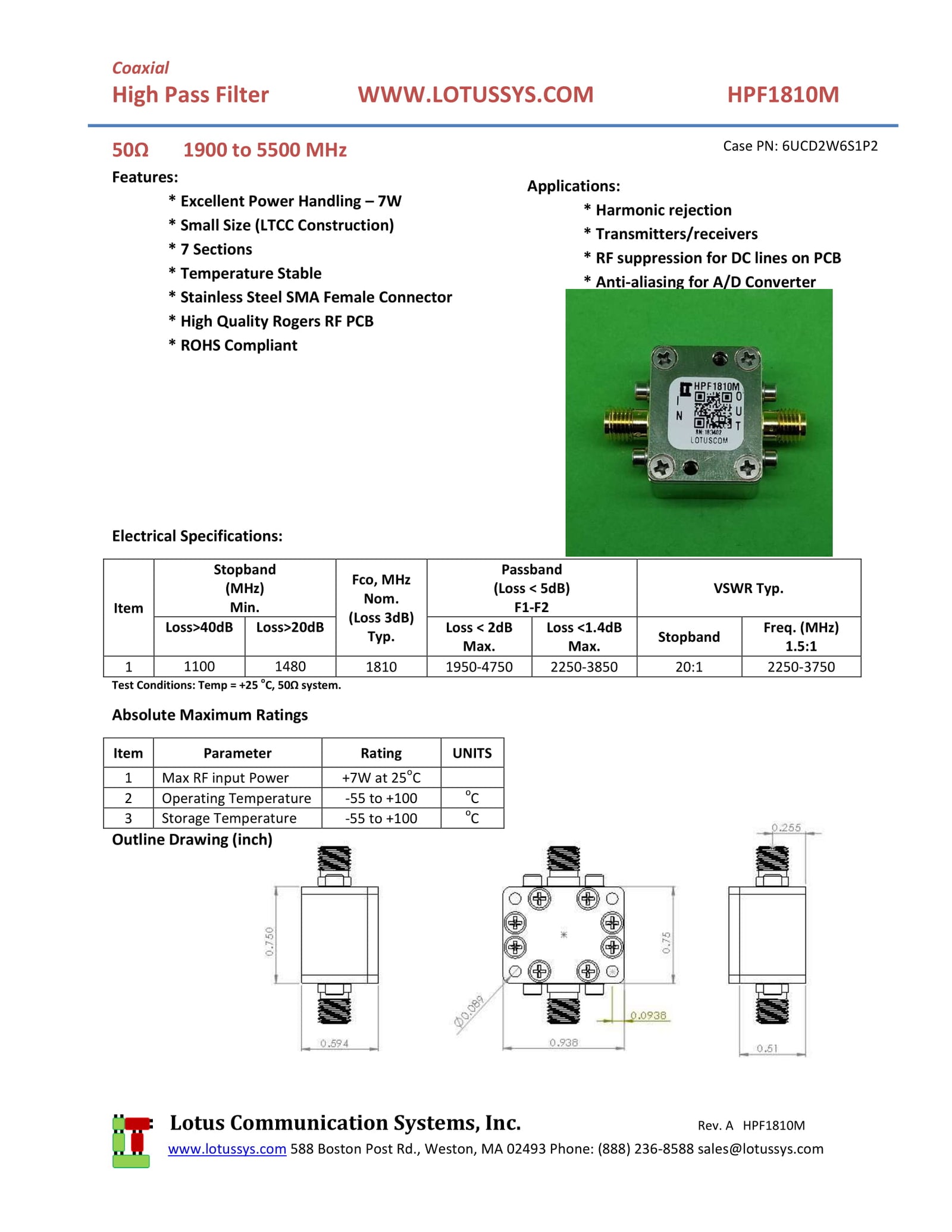 High Pass Filter (LTCC Construction) HPF1810M Pass Band 1900M - 5500MHz