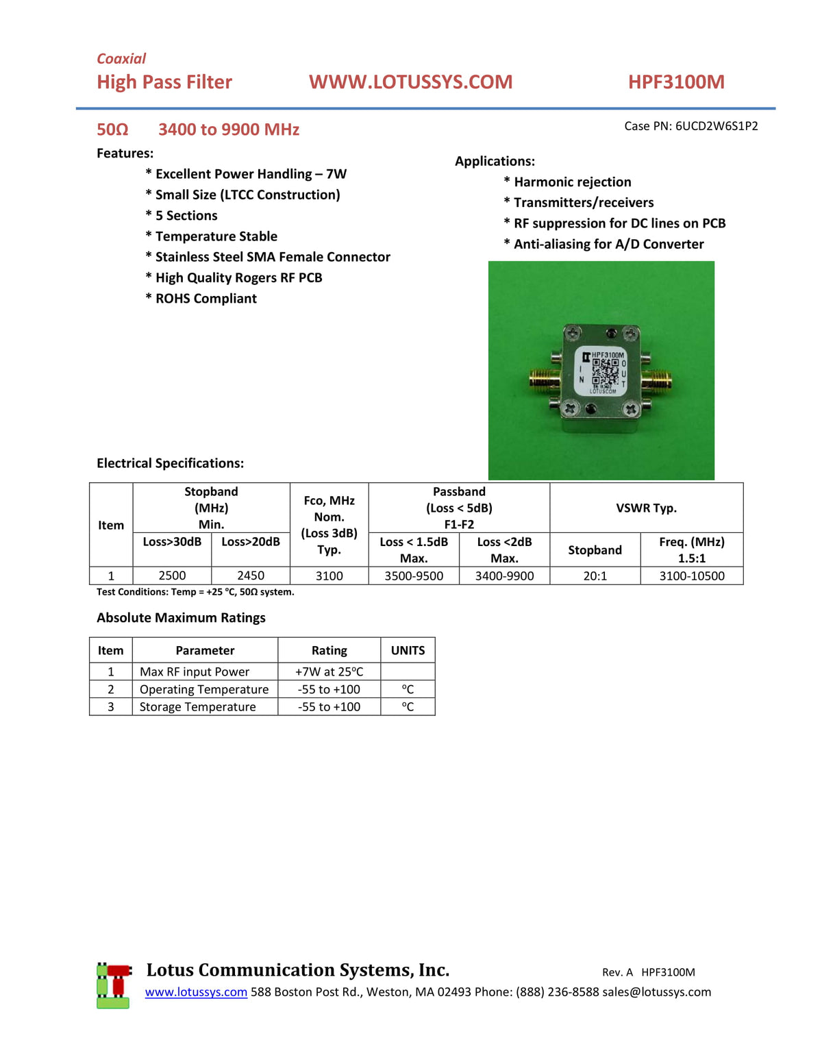 High Pass Filter (LTCC Construction) HPF3100M Pass Band 3.4G - 9.9GHz