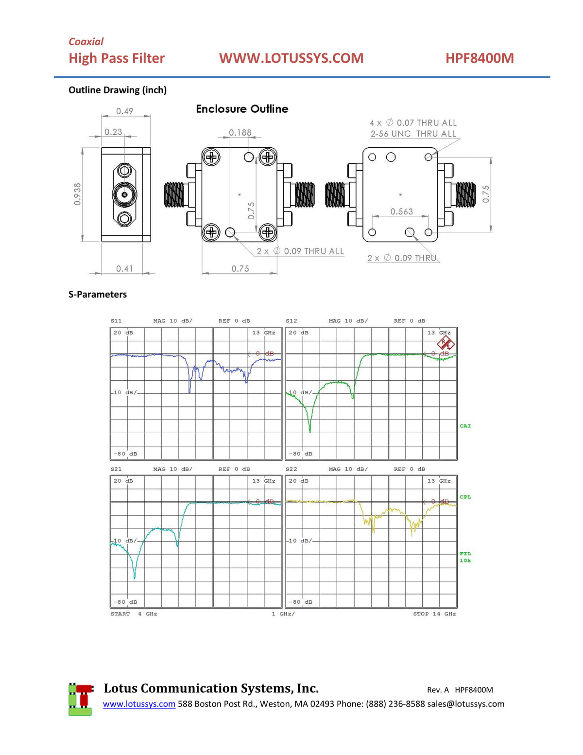 High Pass Filter (LTCC Construction) HPF8400M Pass Band 9G - 13GHz