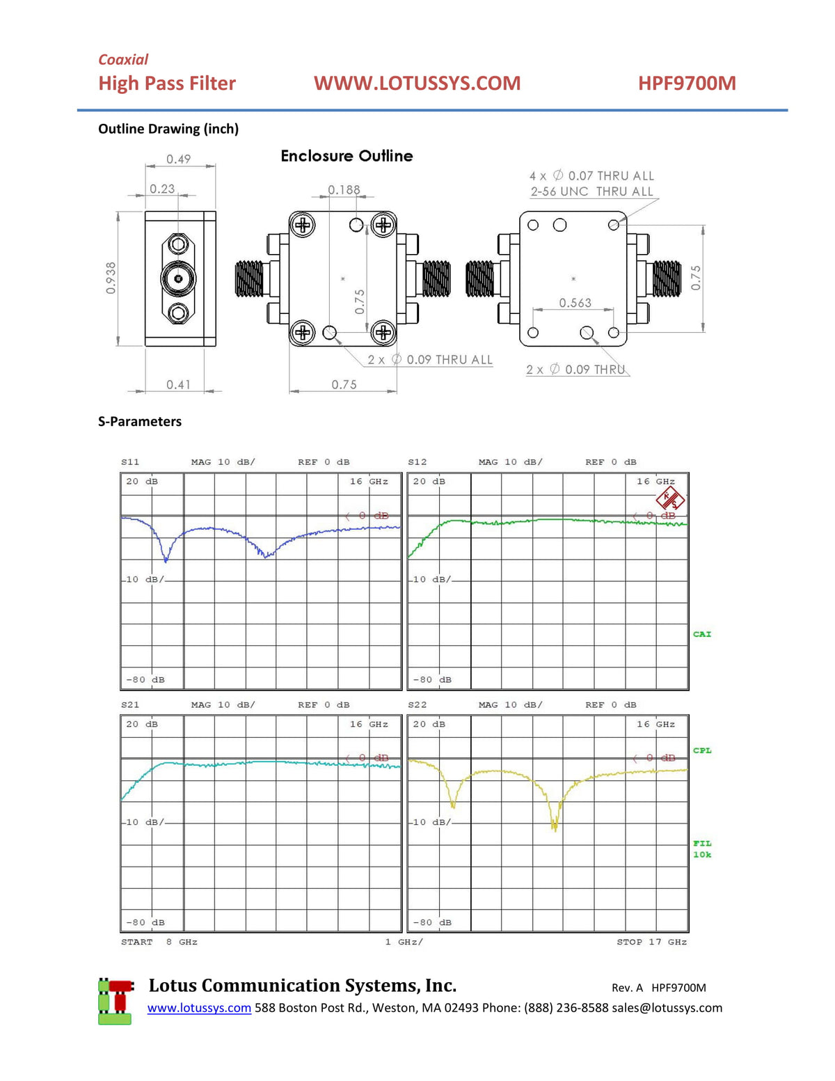 High Pass Filter (LTCC Construction) HPF9700M Pass Band 9.7G - 17 GHz