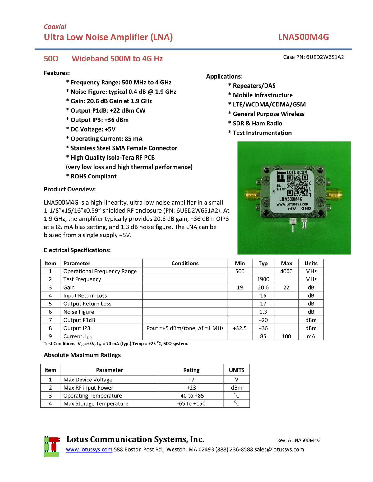 Low Noise Amplifier 1.3dB NF 500MHz to 4GHz 21dB Gain 22dBm P1dB SMA LNA500M4G