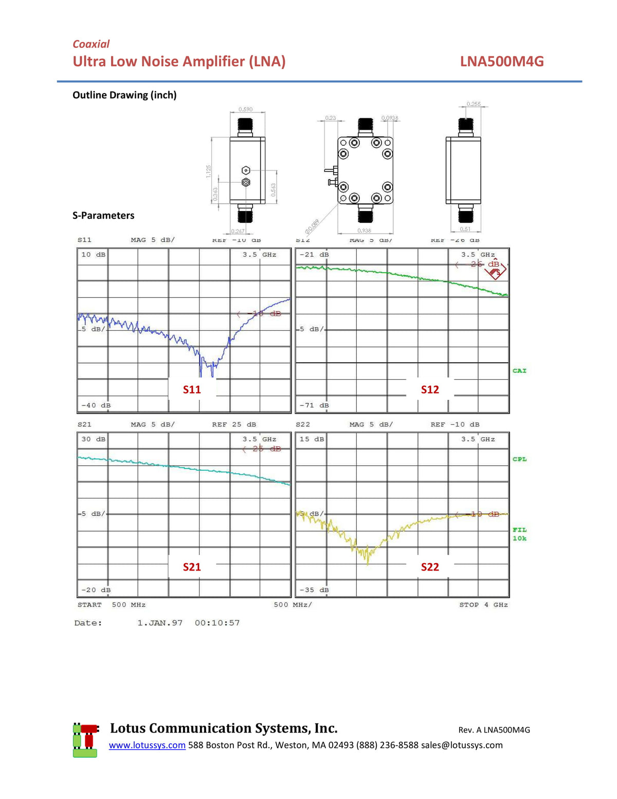 Low Noise Amplifier 1.3dB NF 500MHz to 4GHz 21dB Gain 22dBm P1dB SMA LNA500M4G