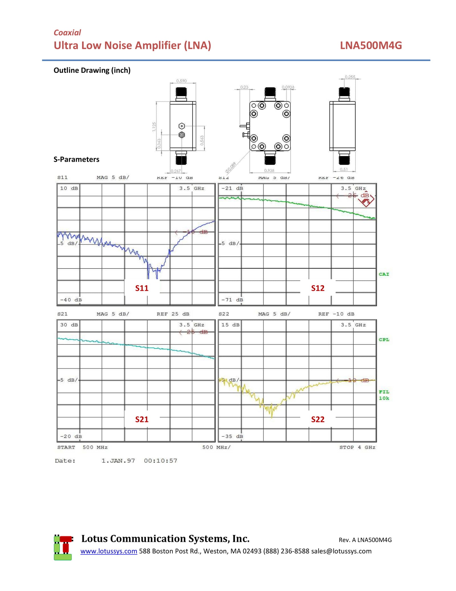 Low Noise Amplifier 1.3dB NF 500MHz to 4GHz 21dB Gain 22dBm P1dB SMA LNA500M4G