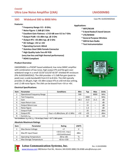 Low Noise Amplifier 1.3dB NF 0.5GHz to 8GHz 21dB Gain 20dBm P1dB SMA