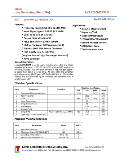Low Noise Amplifier 0.85dB NF 5250M~5455 MHz 39dB Gain 19dBm P1dB SMA - 2 Stage High Gain