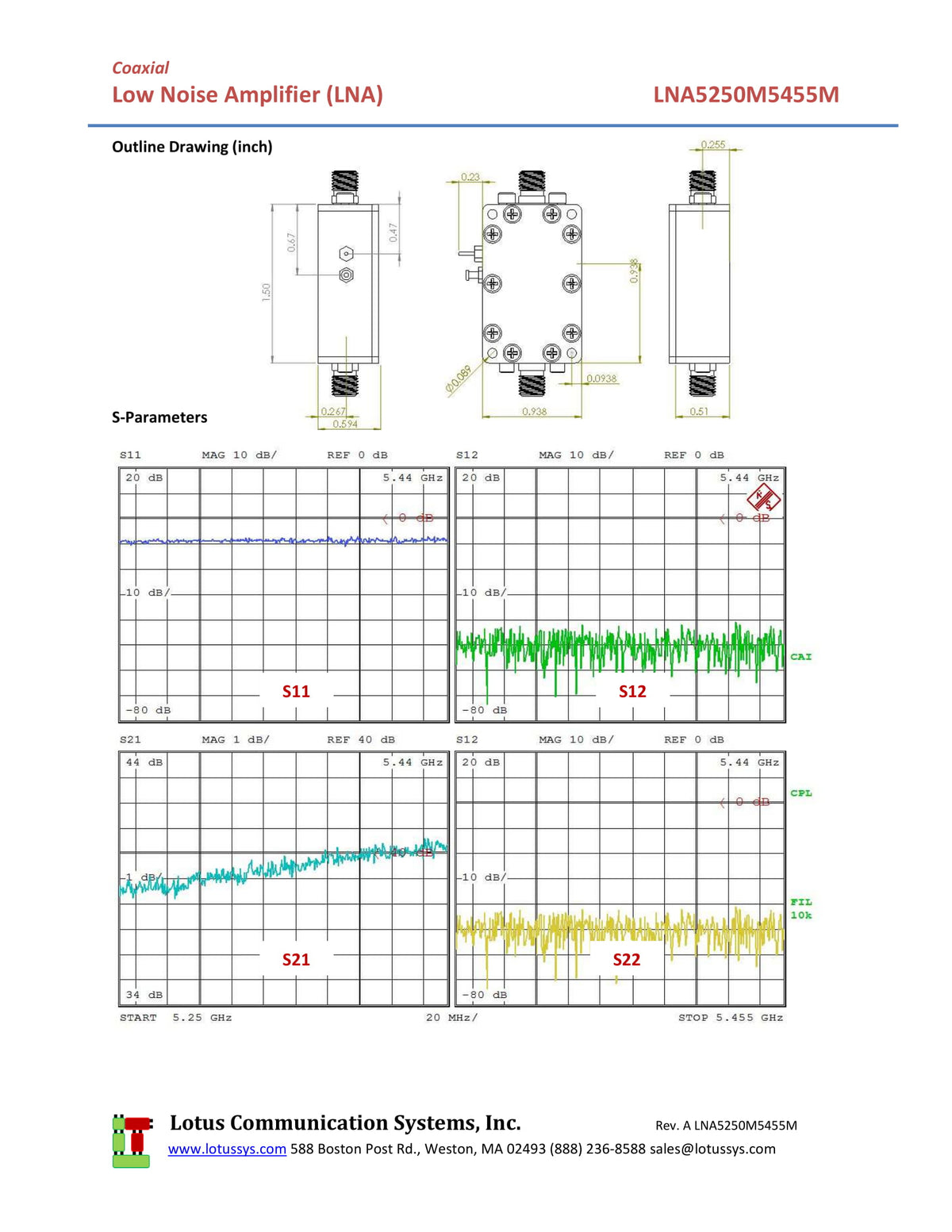 Low Noise Amplifier 0.85dB NF 5250M~5455 MHz 39dB Gain 19dBm P1dB SMA - 2 Stage High Gain