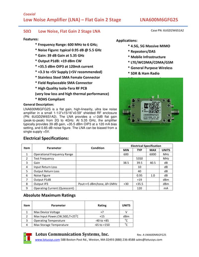Low Noise Amplifier 0.9dB NF 600M~6000 MHz 39dB Gain 19dBm P1dB SMA - 2 Stage High Gain