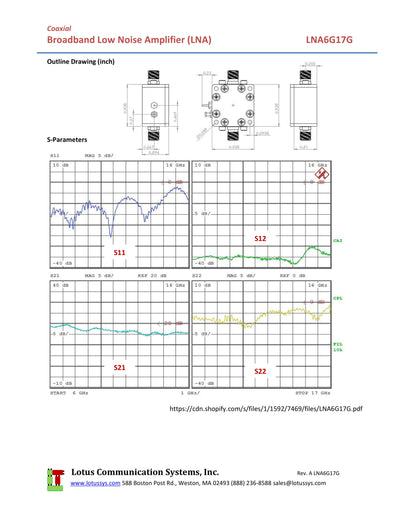 Low Noise Amplifier 1.7dB NF 6GHz to 17GHz 19dB Gain 15dBm P1dB SMA