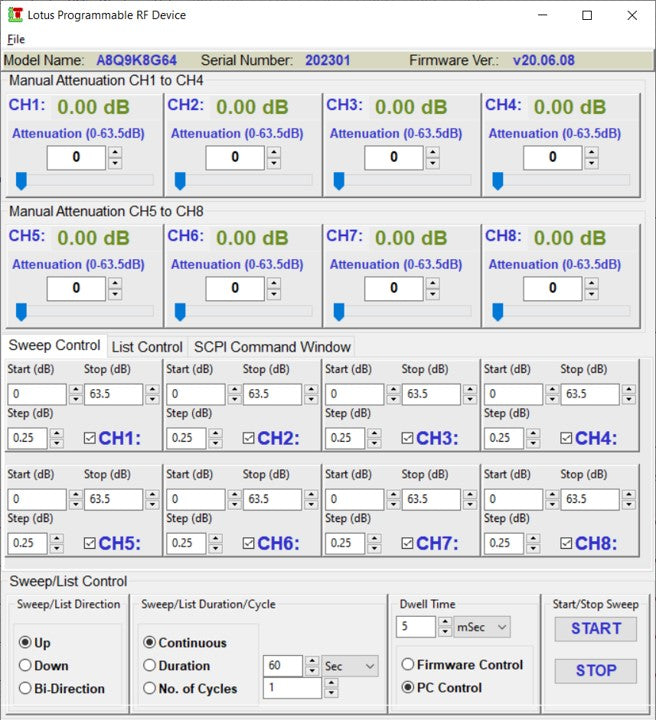 8 Channel 64 dB Programmable Attenuator (USB-C), 0.25 dB Step, 9K-8GHz