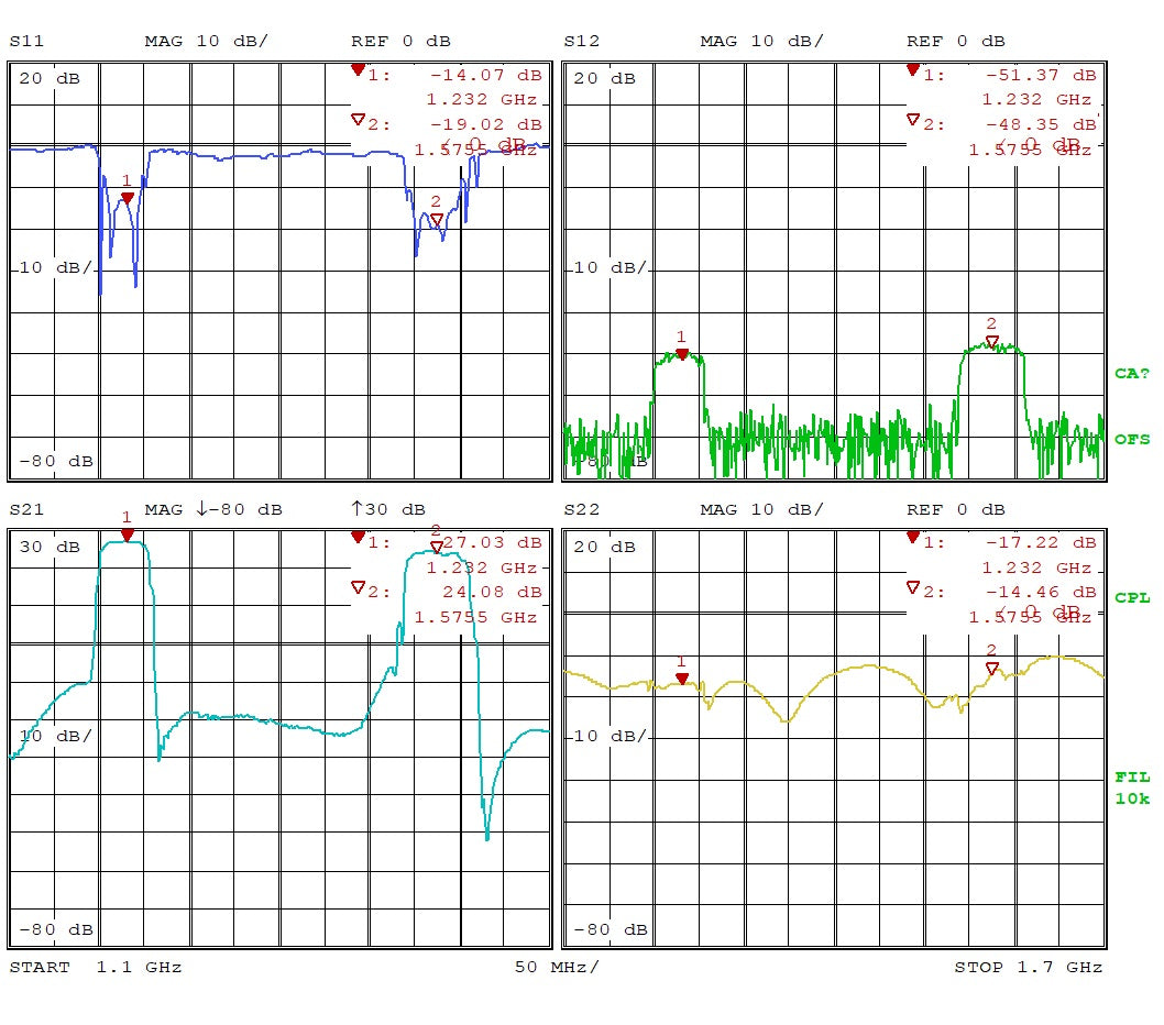 GPS/GNSS L1&L2 Filtered Inline Low Noise Amplifier 0.6dB NF 1.1G-1.7GHz 27dB Gain SMA